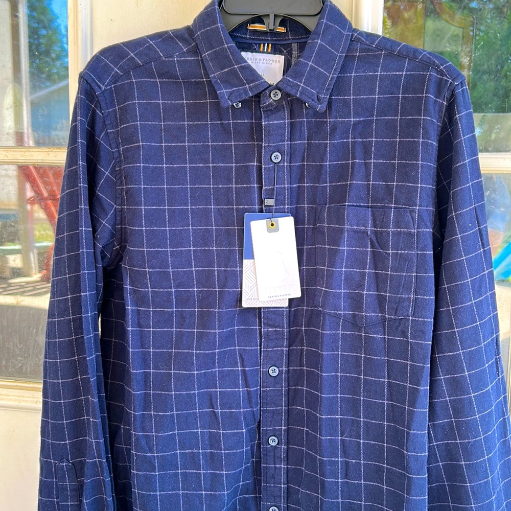 NWT Denim & Flower beautiful Dark Blue Plaid Shirt